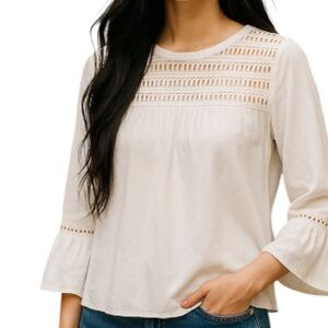 Reitmans Coquette Ivory Eyelet Lace Blouse Bell Sleeve Crochet M